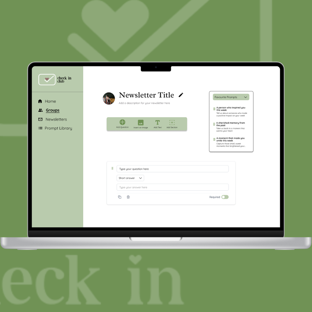 Check In Club solution highlighting the page where users can create a newsletter, with options to add an image
