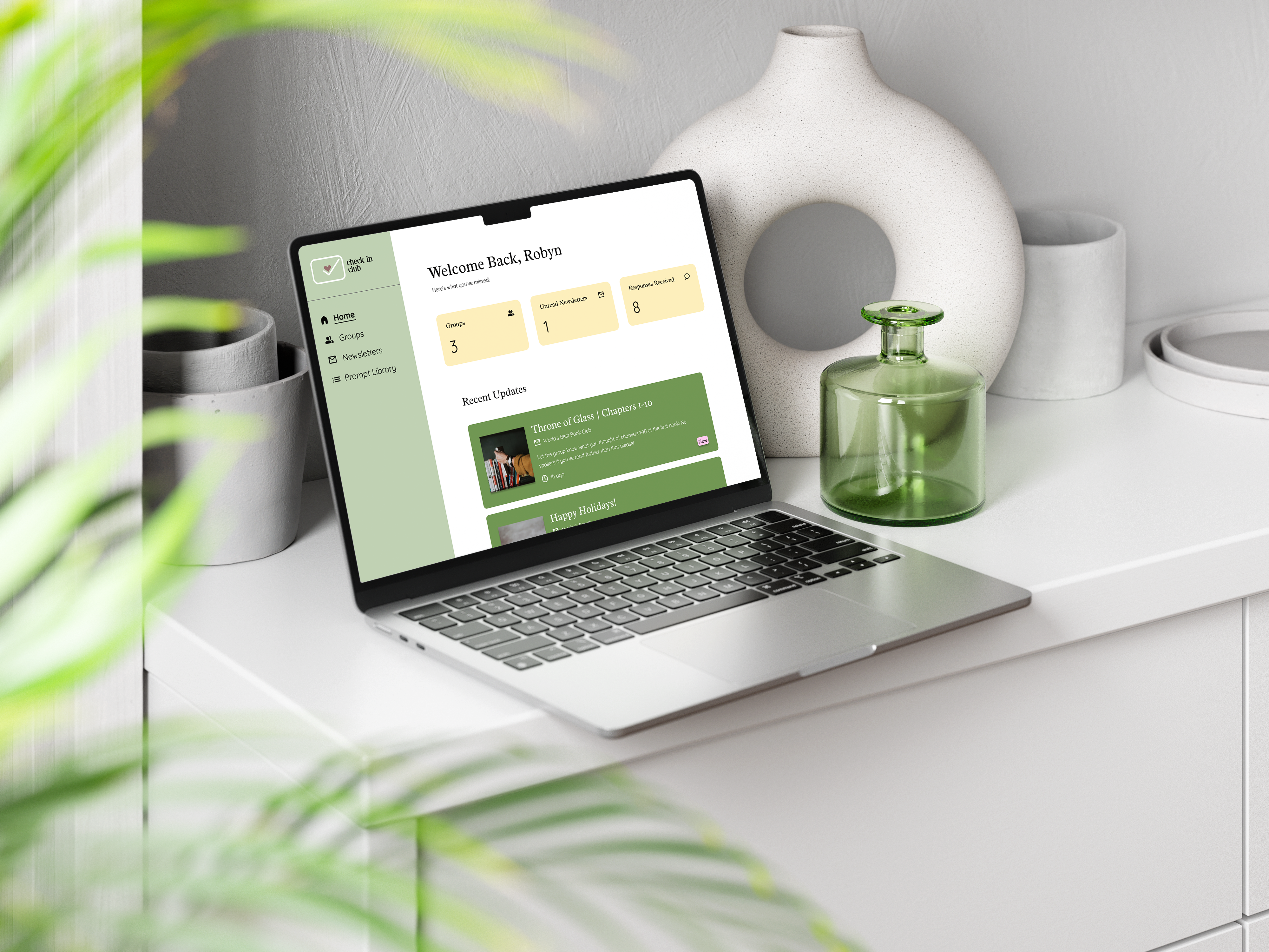 Check In Club website mockup, showing the user's home page, on a laptop