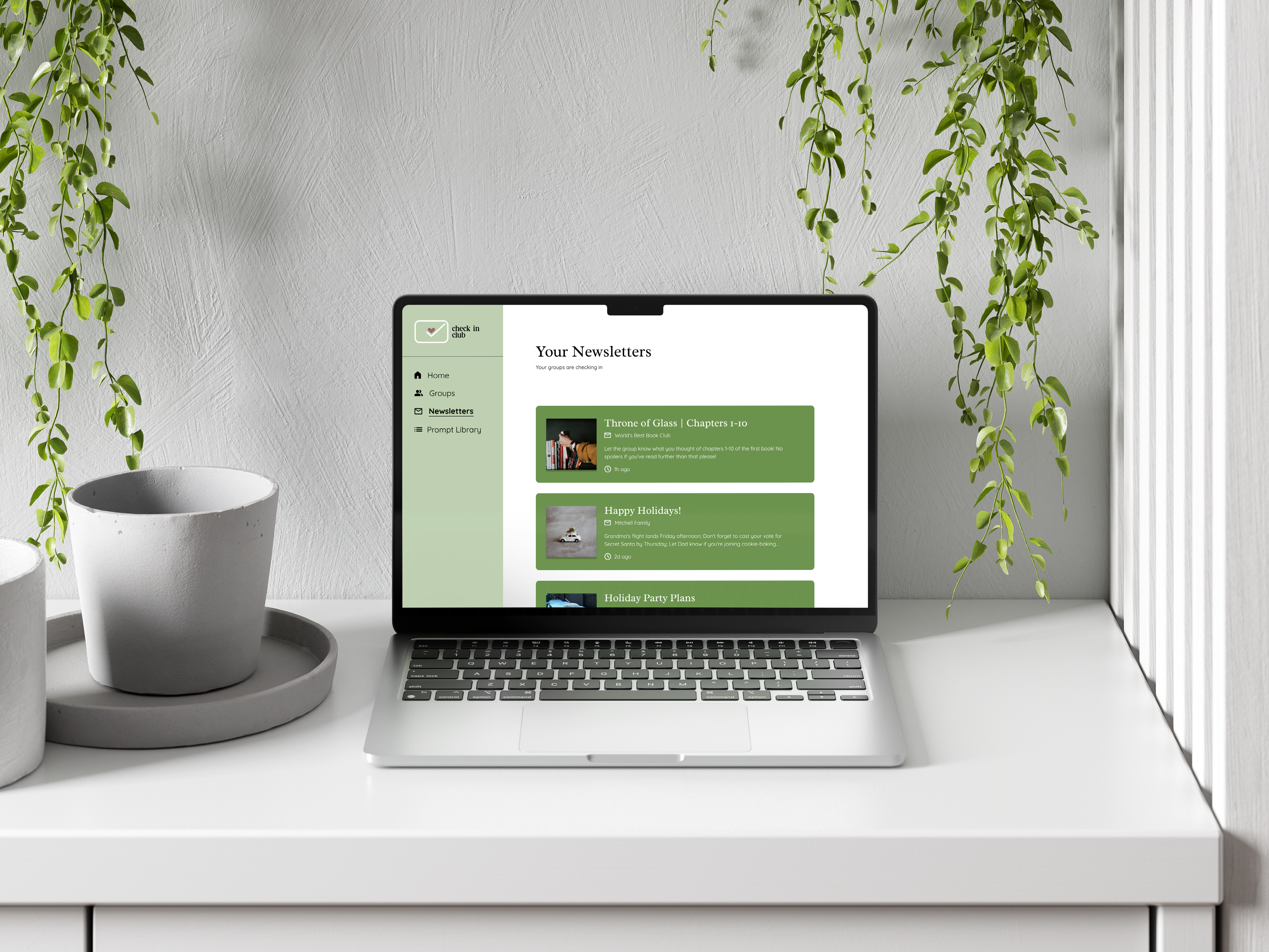 Check In Club website mockup, showing the Your Newsletters page, on a laptop