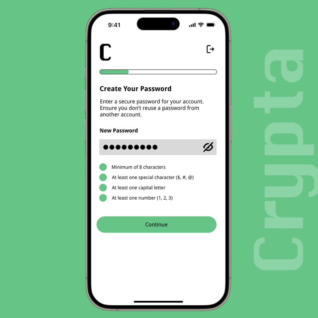 Crypta solution highlighting the password page, showcasing clear microcopy