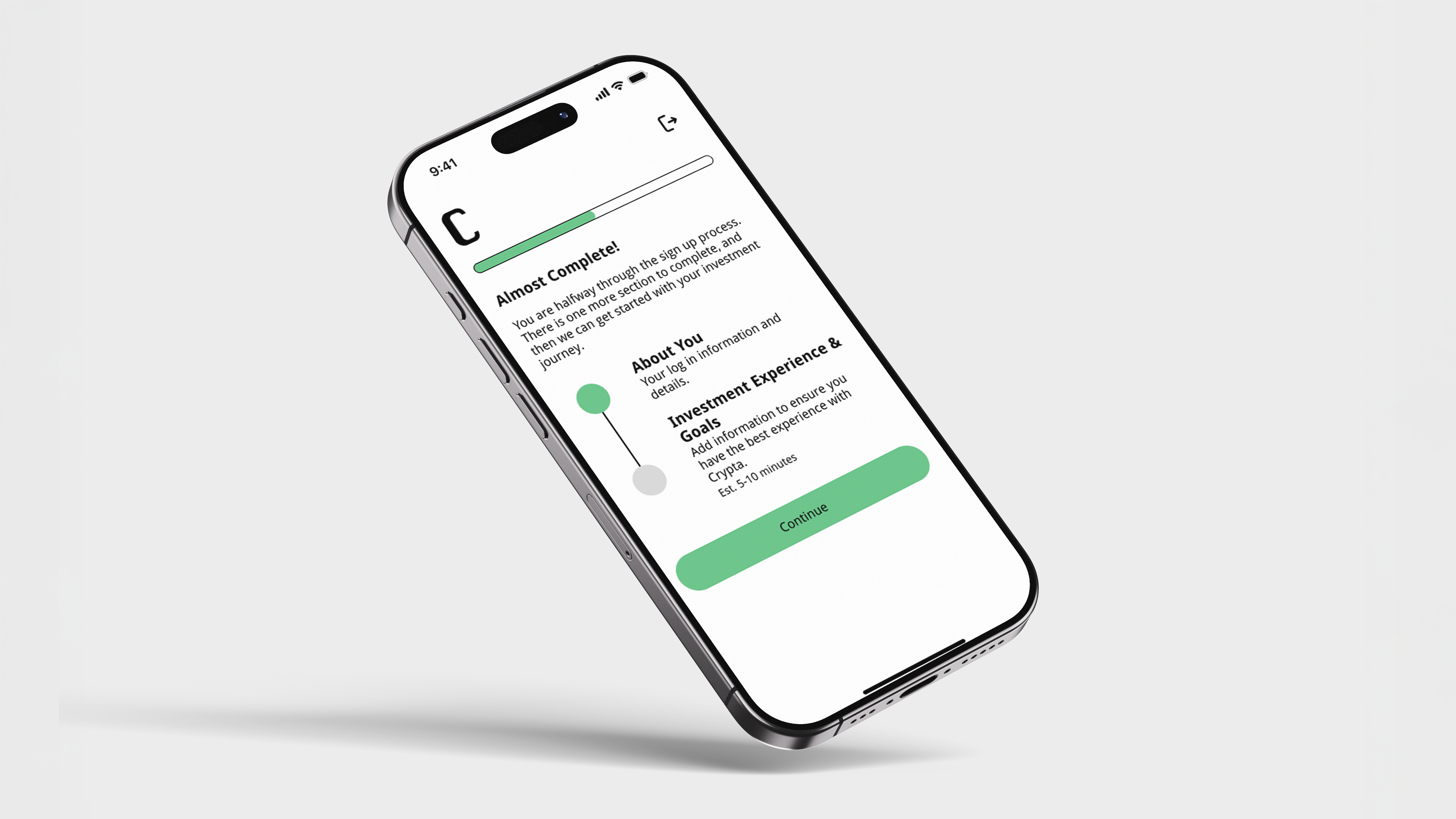 Crypta smartphone mockup, showing the halfway point screen in the user flow