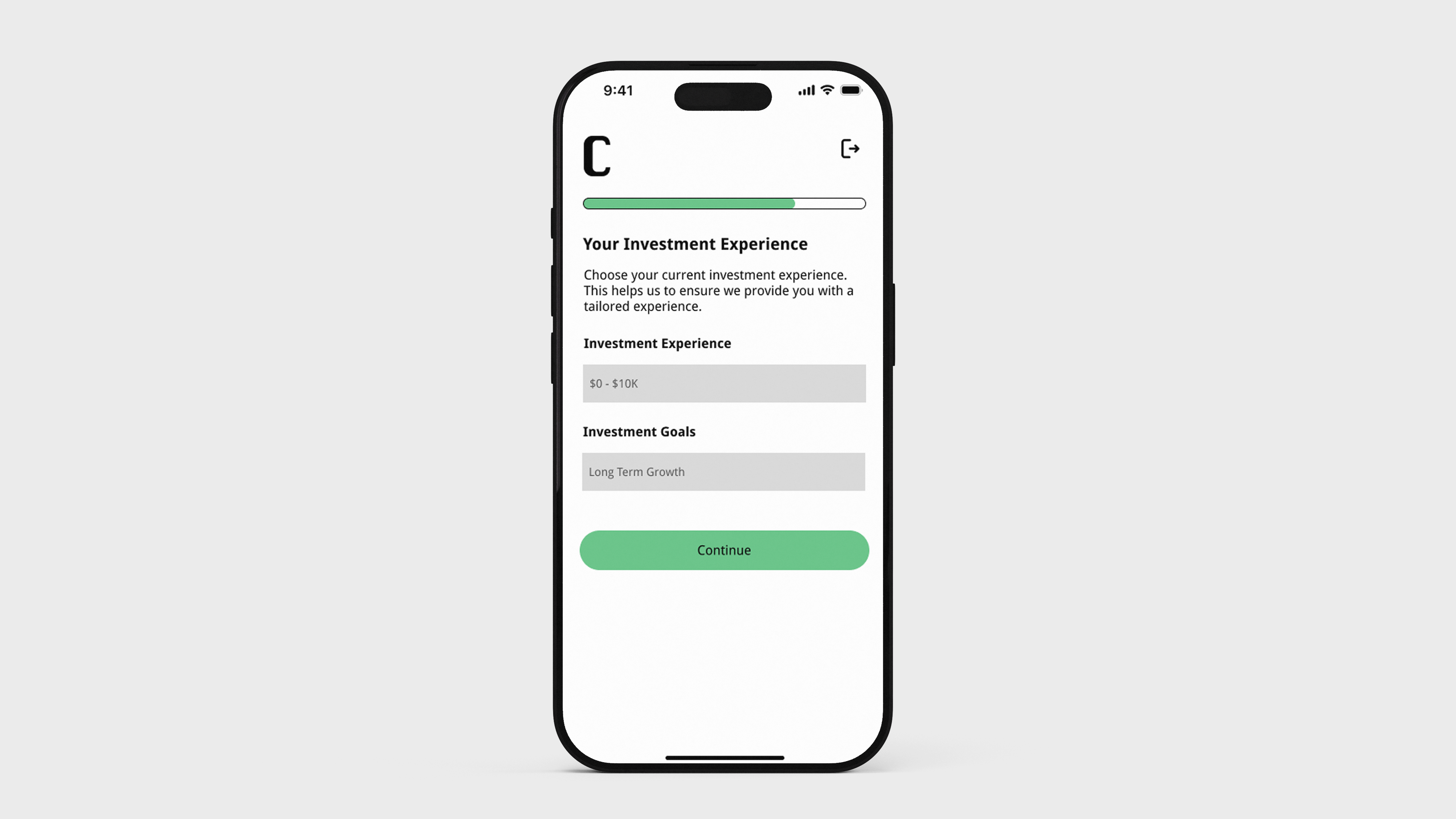 Crypta smartphone mockup, showing the investment experience screen