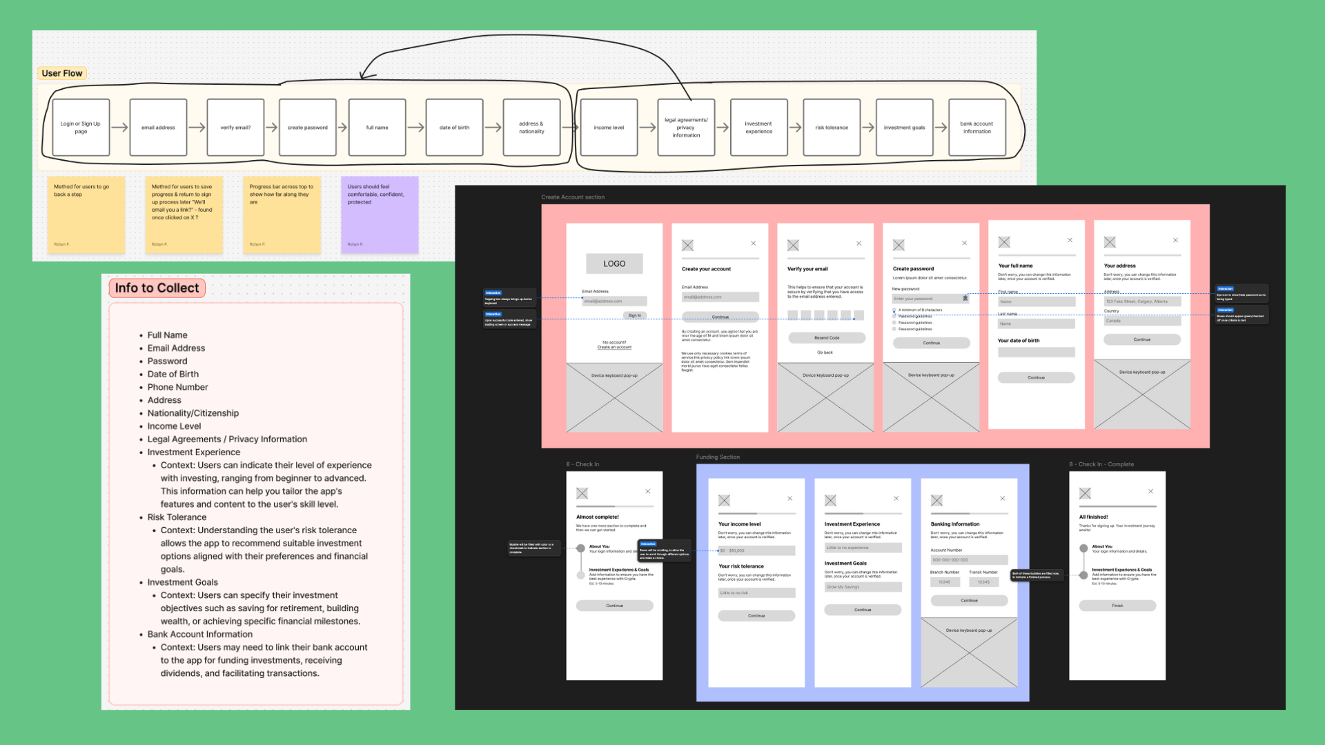 Screenshot of low fidelity wireframes for the app, as well as notes and plans for the app