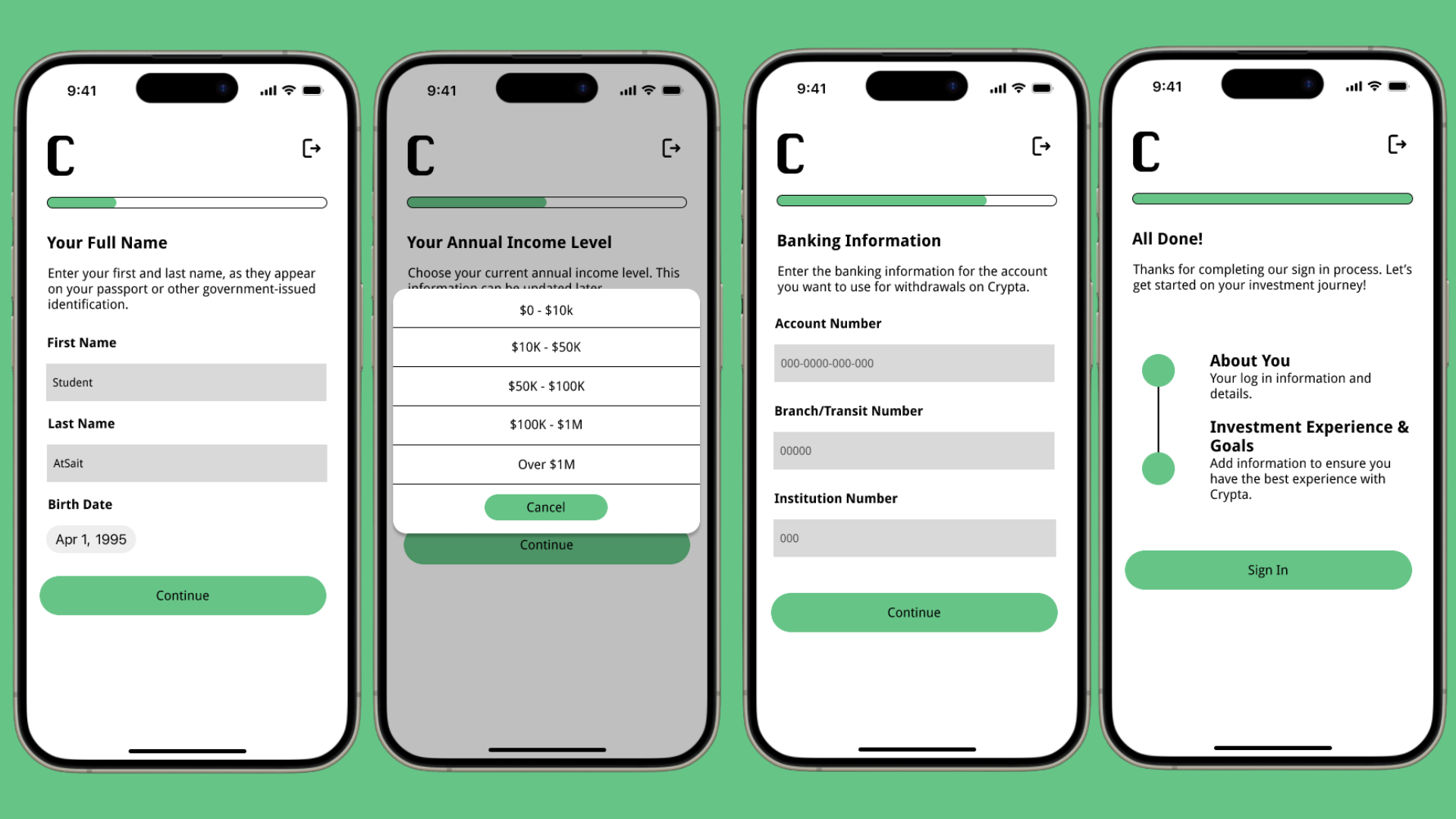 Four screenshots of the final app design